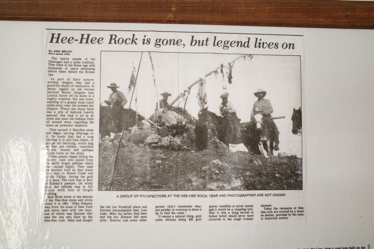 The area was once home to Hee Hee Rock, a sacred stone later dynamited by settlers. This newspaper clipping explains the sad story.