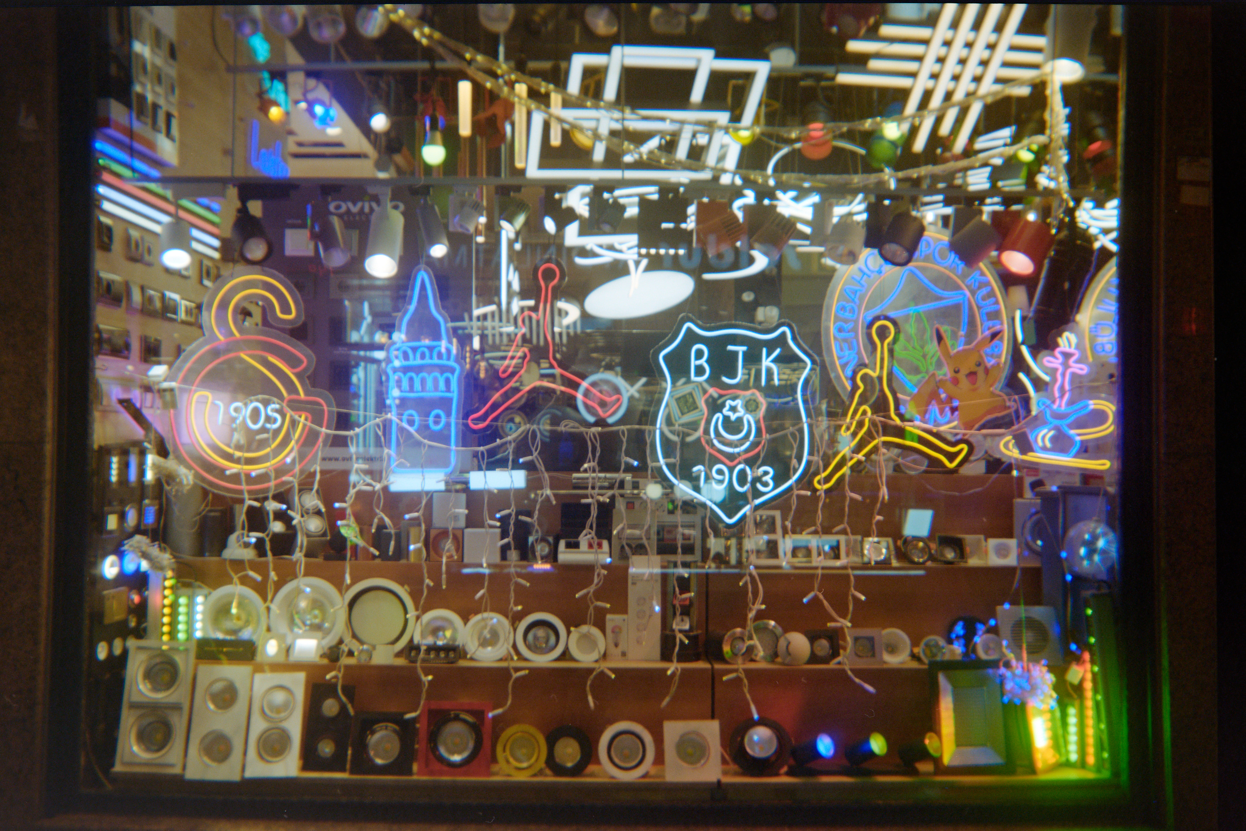 A display window showcasing light fixtures available from one of many such shops in Galata, Istanbul