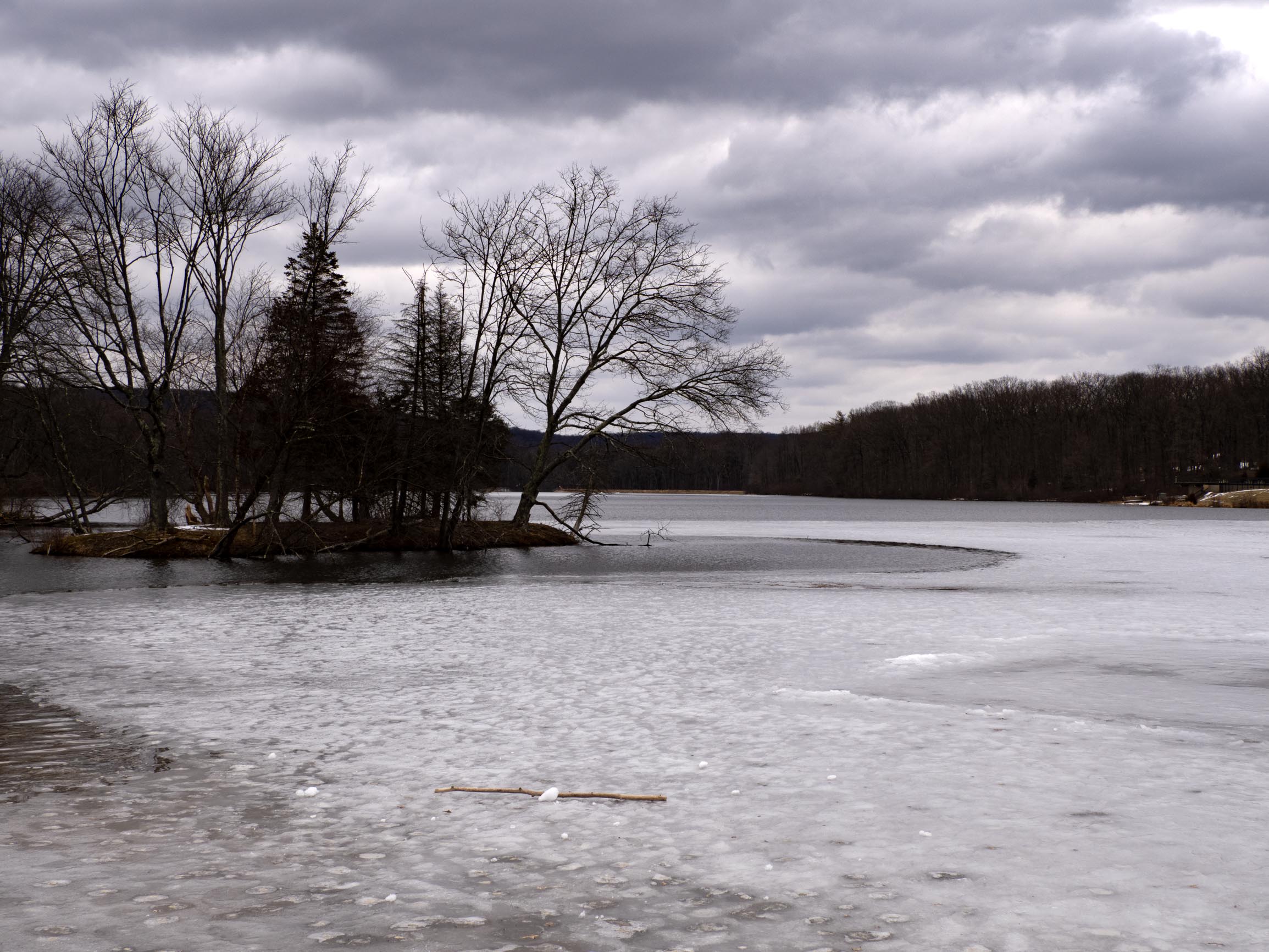Ice still intact on Hopewell Lake on March 6th -- my most recent visit to French Creek State Park before the robin-spotting.