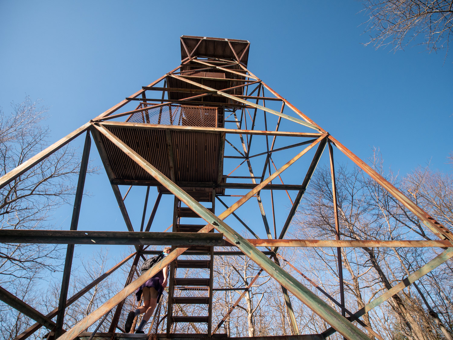 A closer view of the rusting edifice that is the observation tower.