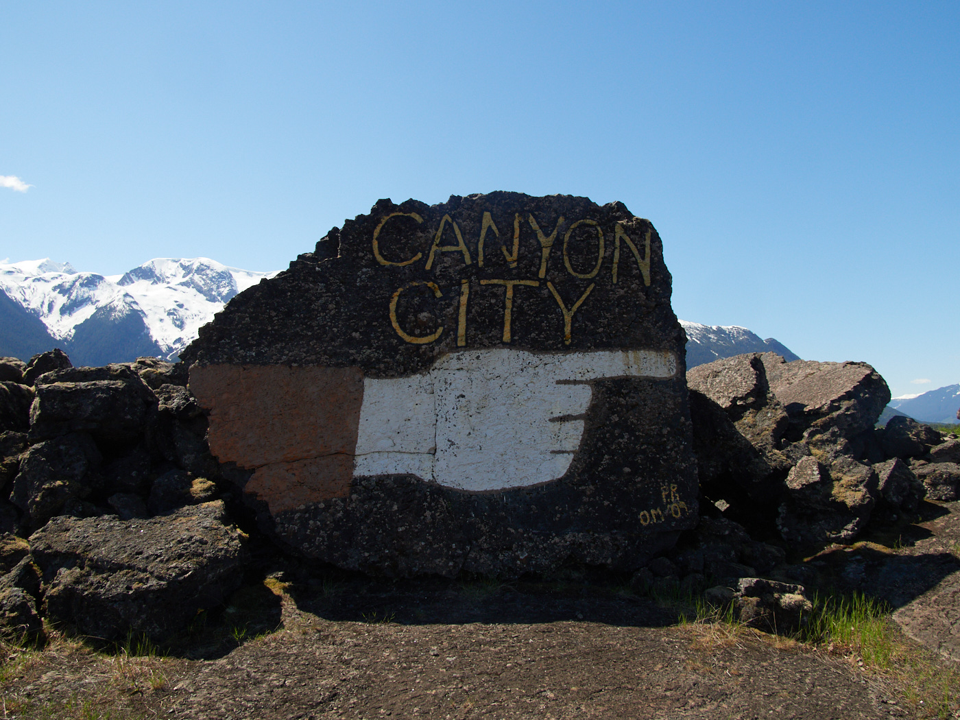 An old sign to Gitwinksihlkw, dating from when it was formally called 'Canyon City.'
